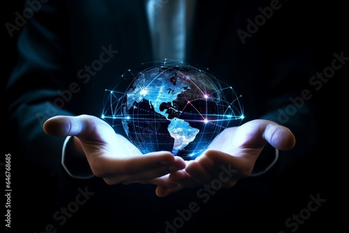 Futuristic blue globe in businessman hands, abstract technology background, Telecommunication network above Earth. Signals Around Globe
