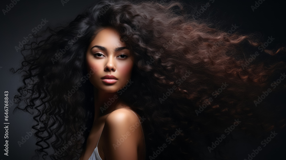 Beauty African American girl with blowing long healthy curly hair. hairstyle, hair care. copy space Beauty African American girl with blowing long healthy curly hair. hairstyle, hair care. copy space