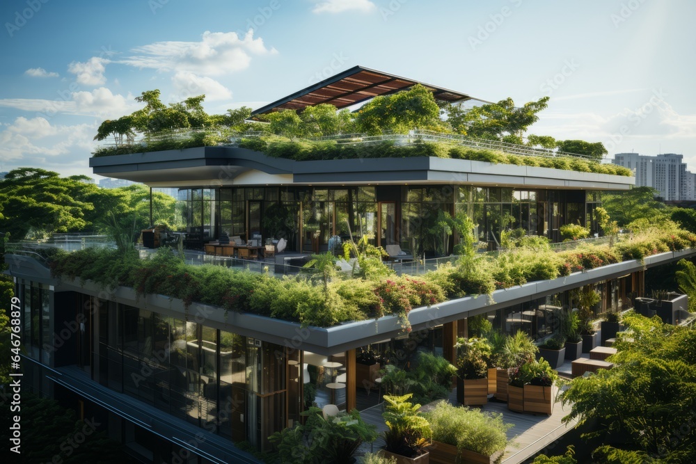 Office Building With A Rooftop Garden, Generative AI