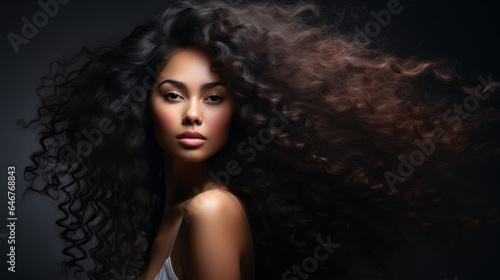 Beauty African American girl with blowing long healthy curly hair. hairstyle, hair care. copy space