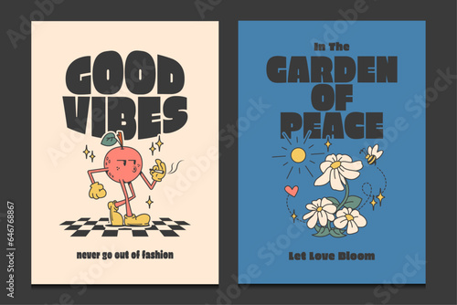 groovy 70s posters, retro wall art print with positive quotes, vector illustration