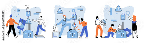 Team solving complex problems. Teamwork vector illustration metaphor. People team working Employee asking questions concept Cross functional team collaboration for common goal Business solution,
