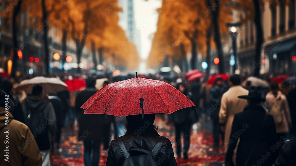 the flow of people with umbrellas on a pedestrian street autumn weather in the city