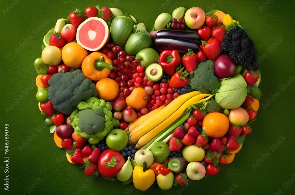 A vibrant array of fresh fruits and vegetables arranged in the shape of a heart, illuminated by the sun on a lush green background.