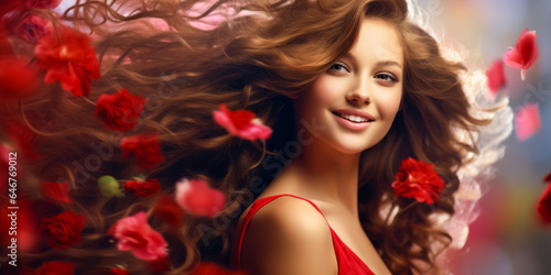 beautiful girl with gorgeous voluminous long dense brown hair and flying flowers. hair dye, hairstyle, haircare