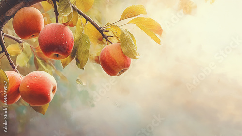 ripe juicy apples on branches covered with dew