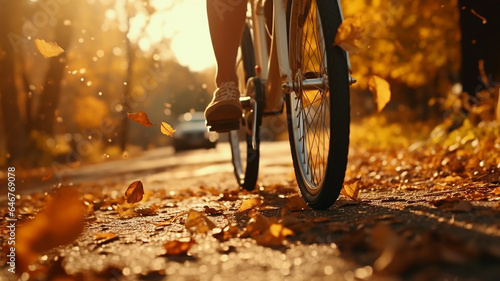 bicycle in motion autumn background wheels leaves flying in autumn park fall sunny day © kichigin19