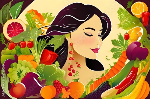World food day. Women's head with foods, vector art.