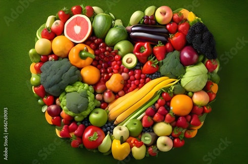 A vibrant array of fresh fruits and vegetables arranged in the shape of a heart  illuminated by the sun on a lush green background.
