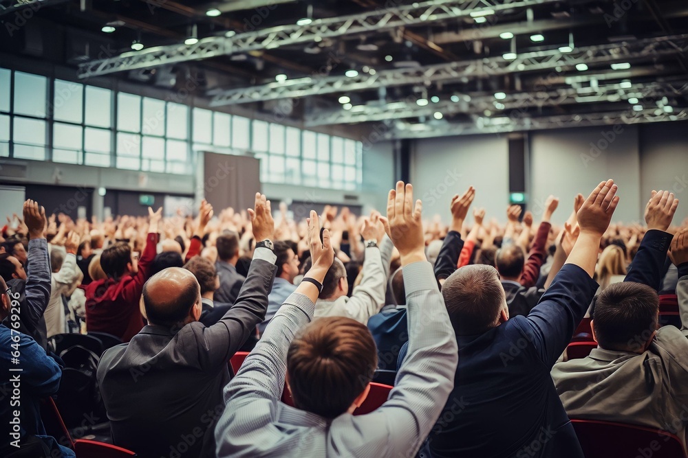 Back view of crowd of people raising hands on a seminar in convention center - obrazy, fototapety, plakaty 