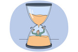 Stressed man sinking in sandglass losing time. Male in despair in hourglass miss deadline. Time organization and schedule. Vector illustration.