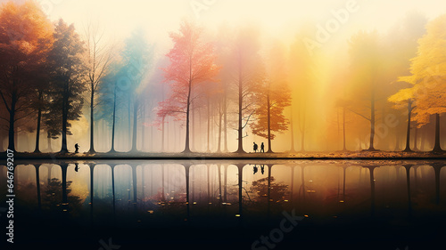a row of colorful trees in a fantastic landscape of the forest rainbow spectrum autumn in a fairy tale