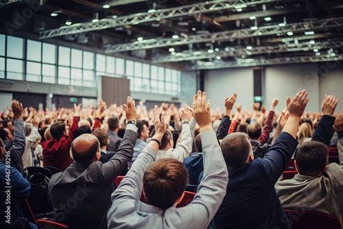 Back view of crowd of people raising hands on a seminar in convention center