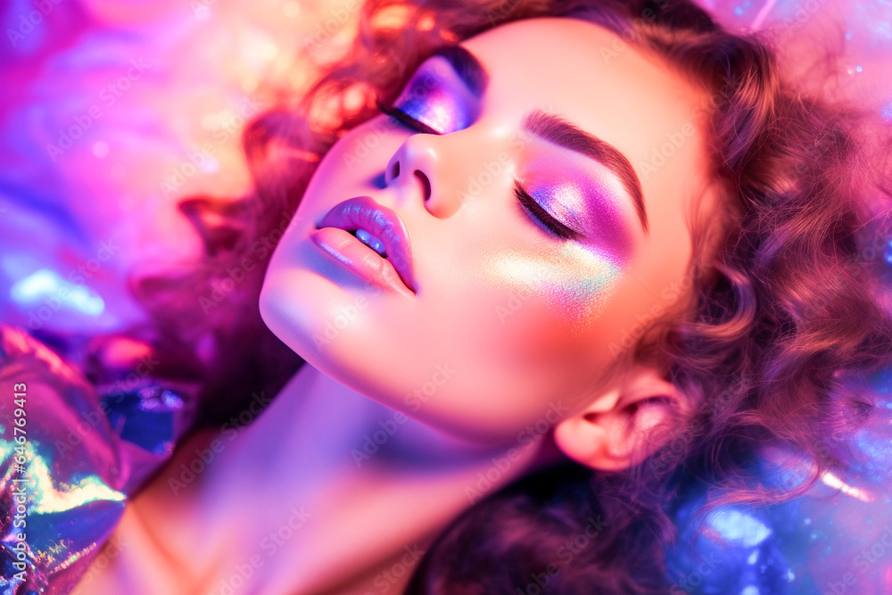 Holographic fashion, woman face and makeup glow for hologram trend