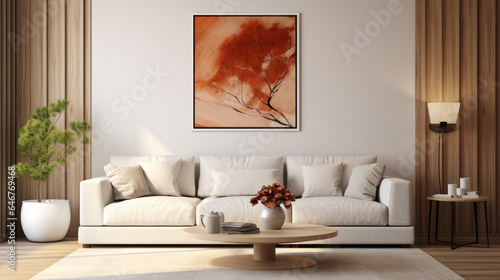 Round coffee table near white corner sofa with terra cotta cushions near paneling wall with art poster. Scandinavian home interior design of modern living room, Generative Ai