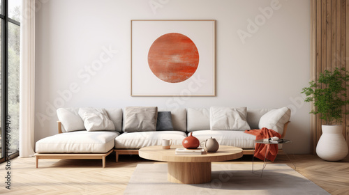 Round coffee table near white corner sofa with terra cotta cushions near paneling wall with art poster. Scandinavian home interior design of modern living room, Generative Ai