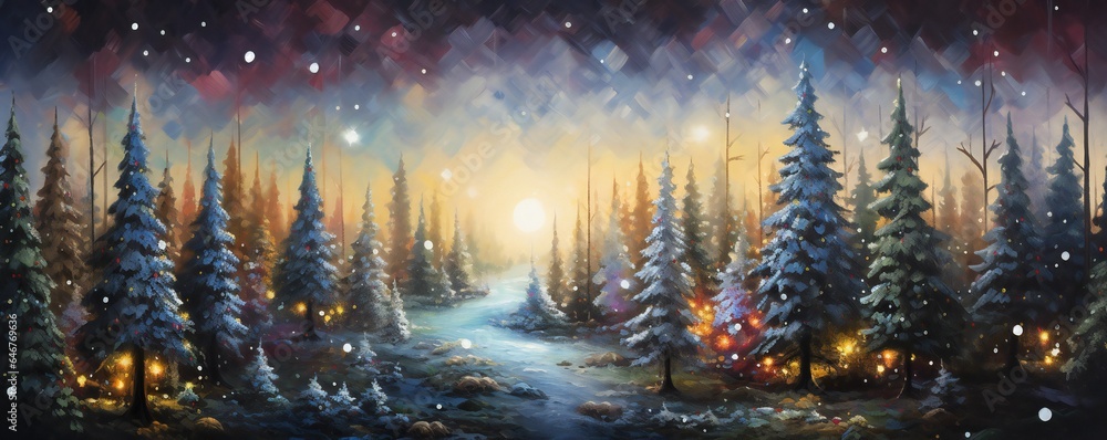 Oil painting magical forest with Christmas trees and glowing bokeh lights Generative AI