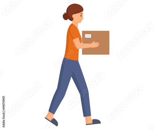 Woman moving to new apartment isolated on white background. Lady carrying carton box with goods. Female homeowner with cardboard package with stuff . Relocation and move to new house concept
