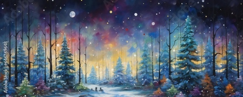 Oil painting magical forest with Christmas trees and glowing bokeh lights Generative AI