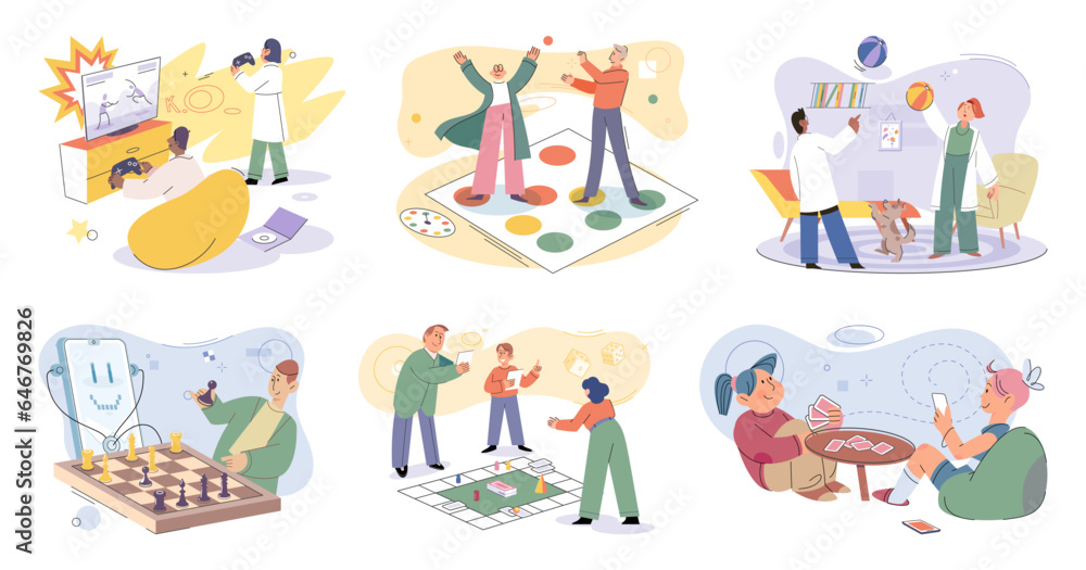 Game together. Family fun. Friendship time. Vector illustration. The characters in game came alive with each players unique strategies and actions Lets gather our friends and have game night full of