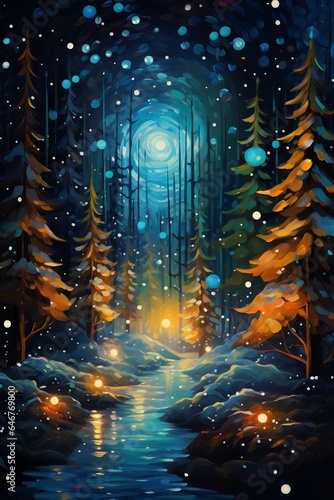 Oil painting magical forest with Christmas trees and glowing bokeh lights Generative AI © LayerAce.com