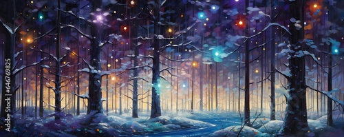 Oil painting magical forest with Christmas trees and glowing bokeh lights Generative AI © LayerAce.com