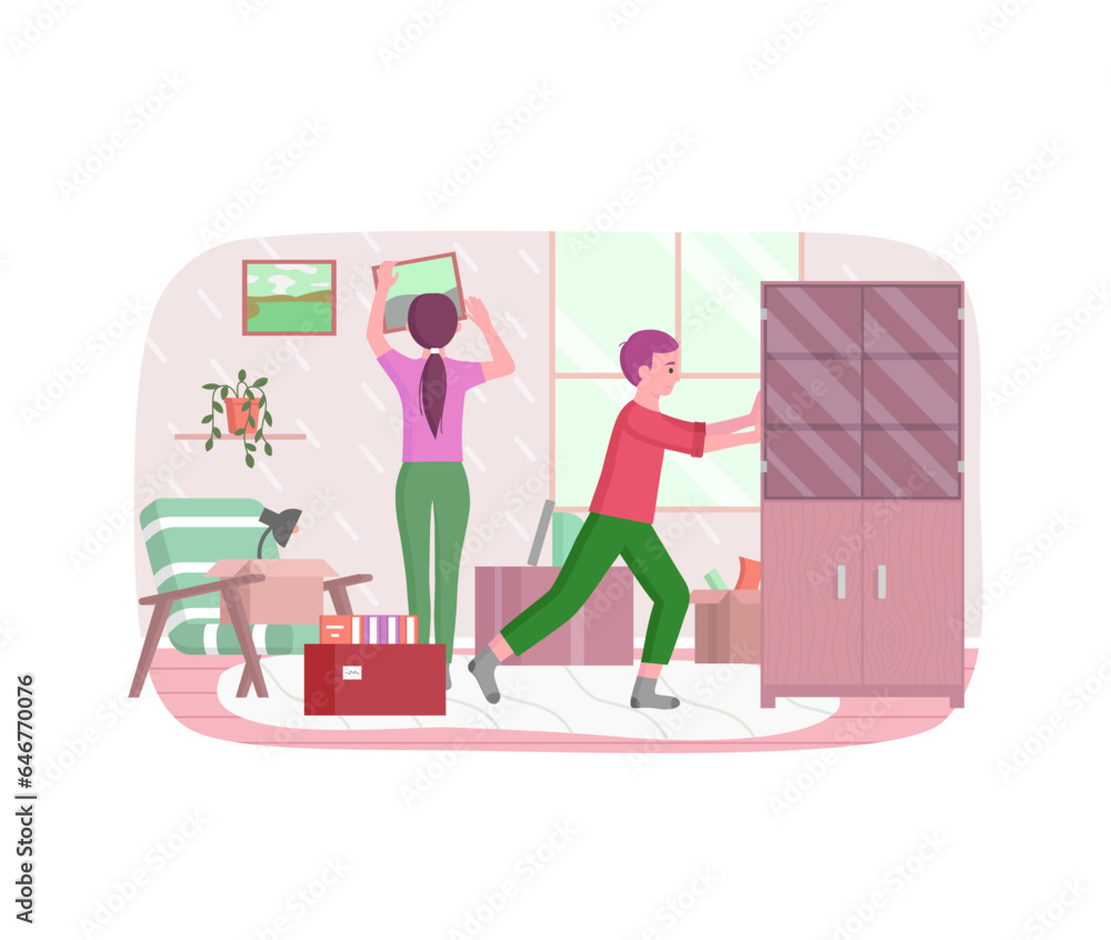 Family moving to new house, apartment. Changing place of residence, relocation, rental of premises concept. Young couple unpacking things after shipping, decorating home vector illustration Family moving to new house, apartment. Changing place of residence, relocation, rental of premises concept. Young couple unpacking things after shipping, decorating home vector illustration