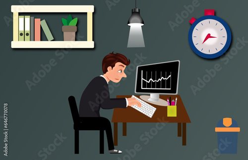 Vector illustration of middle aged man working on computer.
