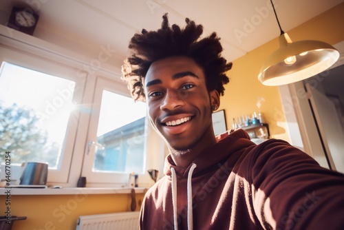 young african american men taking selfie at home photo