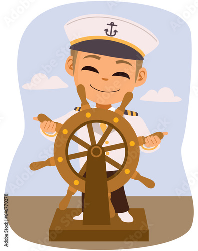 Cute cartoon captain sailor character vector illustration. Boy sailing on a old boat holding steering wheel