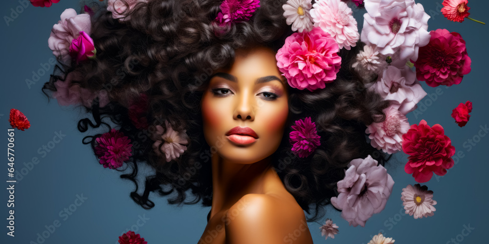 brunette with gorgeous voluminous long dense hair. flowers in hair. hair dye, hairstyle, haircare