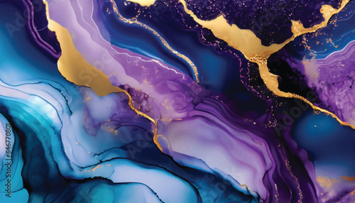 Abstract luxury fluid art painting in alcohol ink technique, Imitation of marble stone cut and mixture of blue and purple paints, glowing golden veins vector illustration.