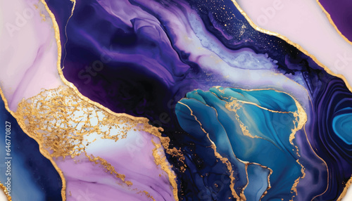 Abstract luxury fluid art painting in alcohol ink technique, Imitation of marble stone cut and mixture of blue and purple paints, glowing golden veins vector illustration.