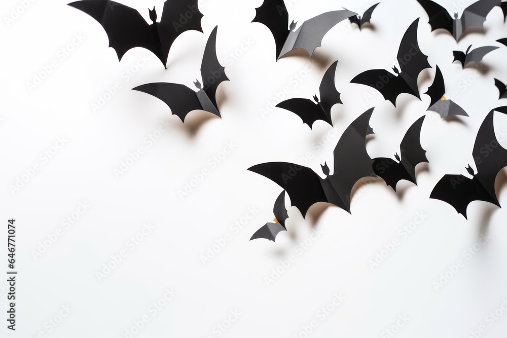 Black paper bats flying over white background. Generative AI Black paper bats flying over white background. Generative AI