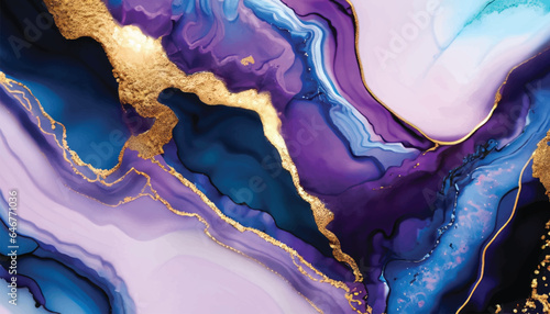 Abstract luxury fluid art painting in alcohol ink technique, Imitation of marble stone cut and mixture of blue and purple paints, glowing golden veins vector illustration.