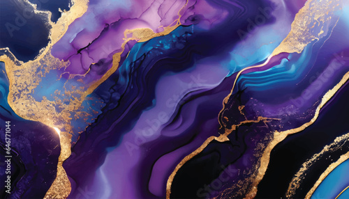 Abstract luxury fluid art painting in alcohol ink technique, Imitation of marble stone cut and mixture of blue and purple paints, glowing golden veins vector illustration.