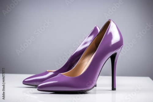 Beautiful fashion purple high heel footwear for women isolated on grey background. Generative AI
