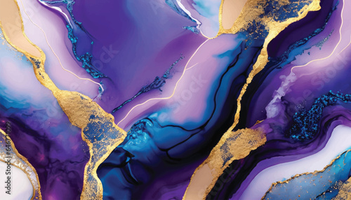Abstract luxury fluid art painting in alcohol ink technique, Imitation of marble stone cut and mixture of blue and purple paints, glowing golden veins vector illustration.