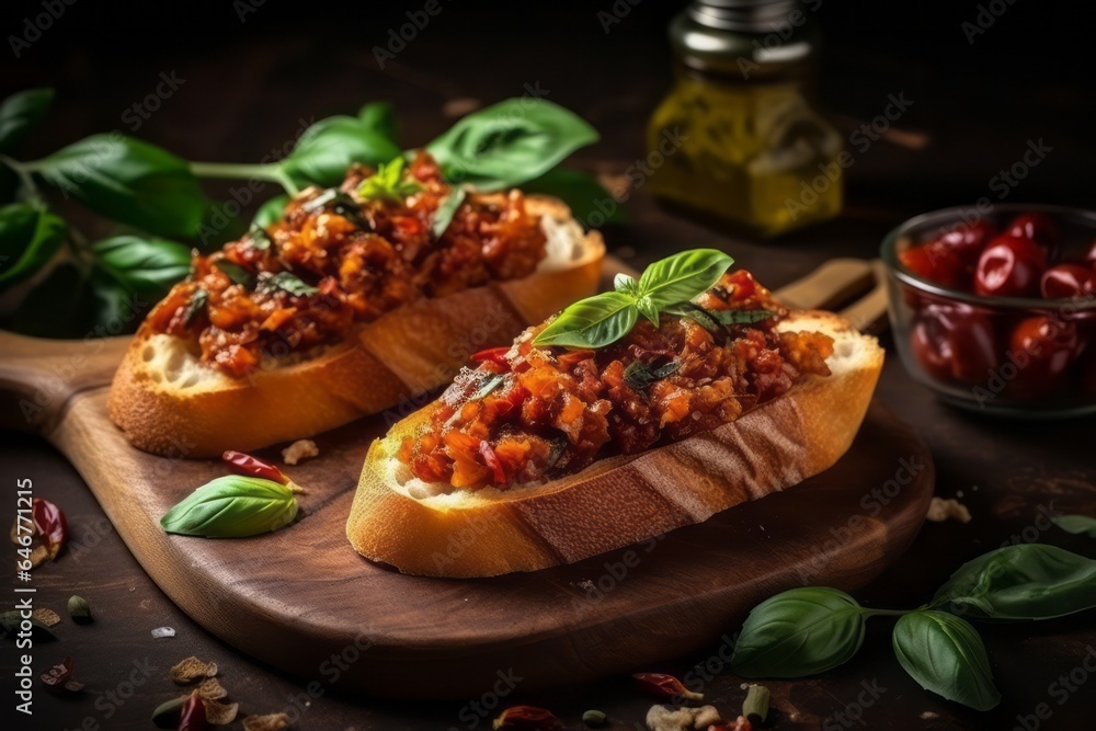Bruschetta with sun dried tomatoes, basil leaves and garlic. Generative AI Bruschetta with sun dried tomatoes, basil leaves and garlic. Generative AI