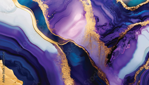 Abstract luxury fluid art painting in alcohol ink technique, Imitation of marble stone cut and mixture of blue and purple paints, glowing golden veins vector illustration.