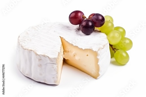 Cheese brie with grapes on a white background. Generative AI