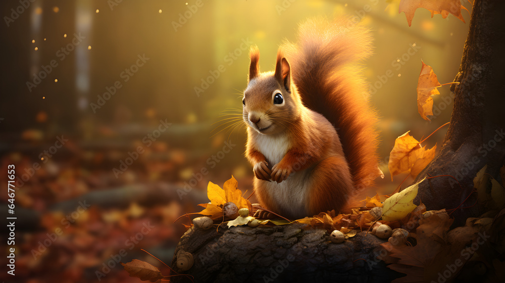 Beautiful red squirrel in the autumn forest