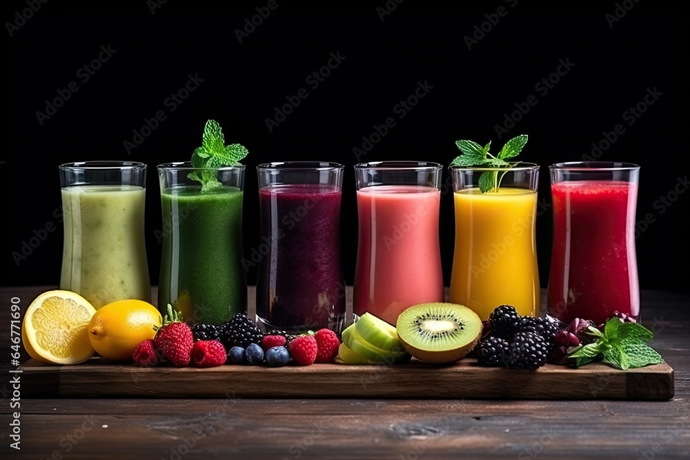 multi-colored smoothies on a dark wooden table multi-colored smoothies on a dark wooden table