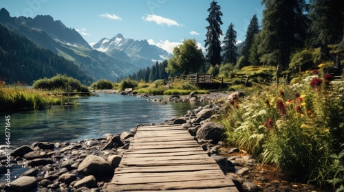 see the beauty of nature looking at the mountain lake in the background of the wooden bridge