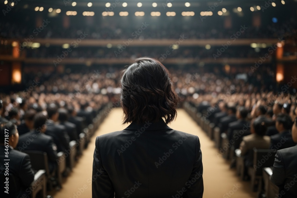 A woman speaker in conference hall. Audience in the conference hall. Business and Entrepreneurship concept. - obrazy, fototapety, plakaty 