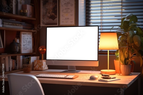 Blank screen monitor of Computer in office interior. Generative AI