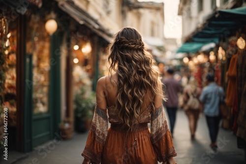 Back view of young woman traveler backpack in the city.