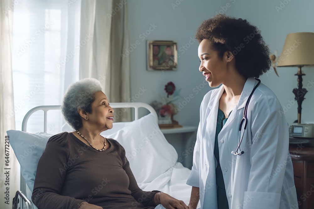 Obraz premium African american woman Doctor talking to a senior woman in bedroom modern white home