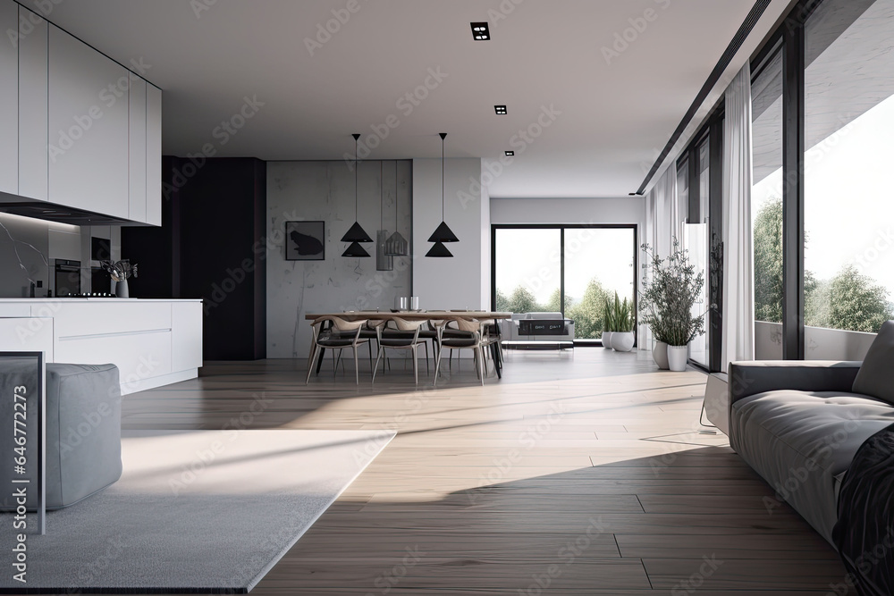 Fototapeta premium Apartment with spacious living room and big windows. Modern living room interior. Generative AI