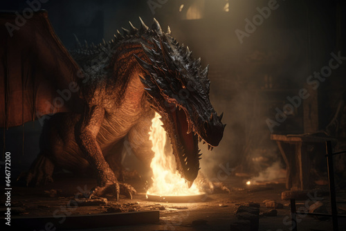 The giant dragon breathing fire on dark background. Mythology creature portrait. Generative AI